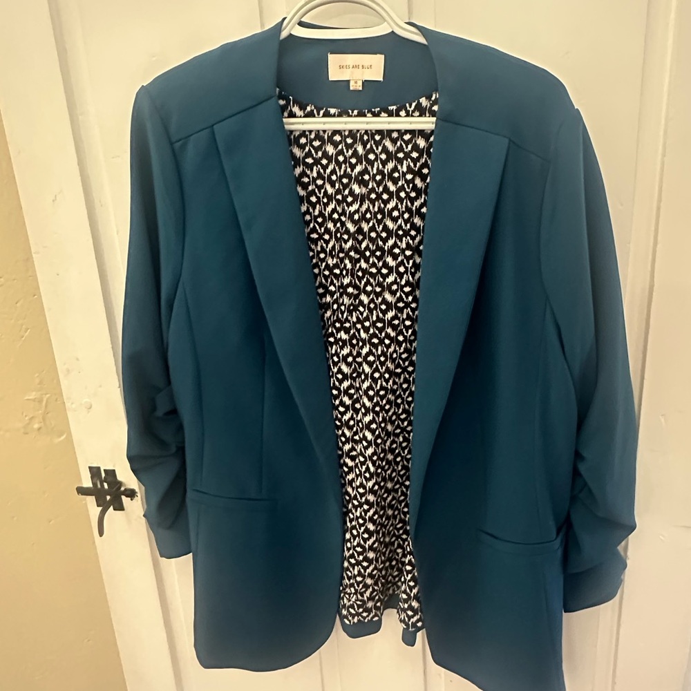 Skies Are Blue Blue Blazer Relaxed Fit 3/4 Sleeves